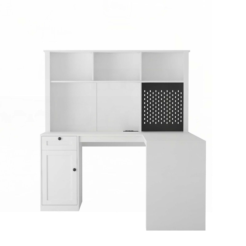 L Shaped Desk with outlet, Computer Desk with Drawers, Bookshelf, Modern Corner Desk, White