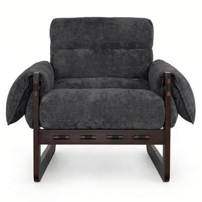 Chenille Accent Chair, Upholstered Lounge Chair with Wooden Frame, Comfy Reading Armchair with Padded Seat, Backrest and Rolled Arms for Living Room, Bedroom, Reading Nook, Dark Gray
