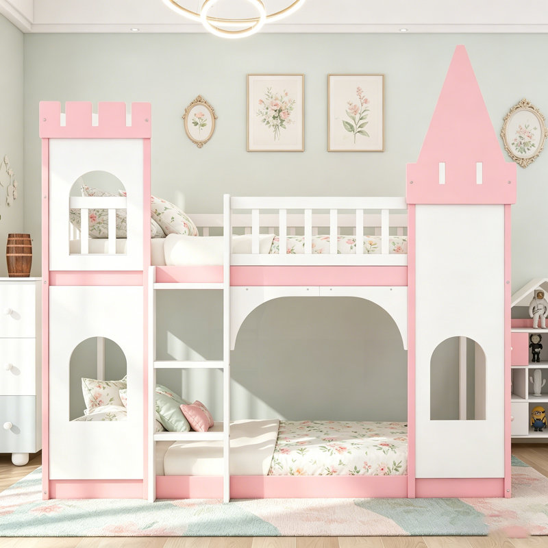 Lit superposé simple au-dessus d'un lit simple avec échelle, structure en bois de pin robuste, espace de jeu et de sommeil polyvalent, rose