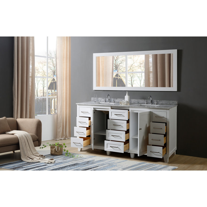 White Double Bathroom Vanity with Marble Top and Storage Drawers