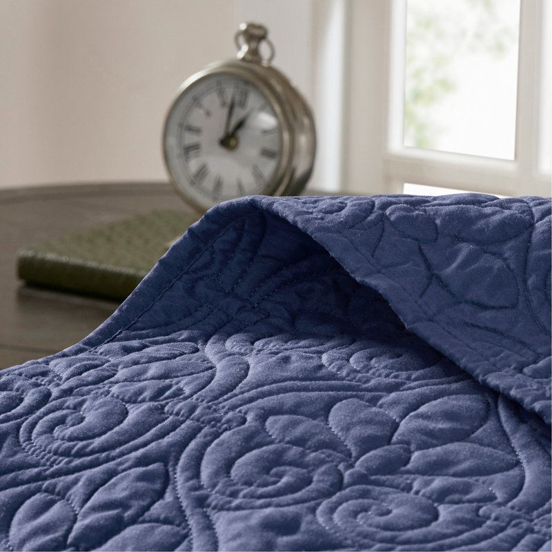 Reversible Bedspread Set With Classic Stitch Pattern, Oversized Dimensions, And Antimicrobial Treatment For Freshness, Navy