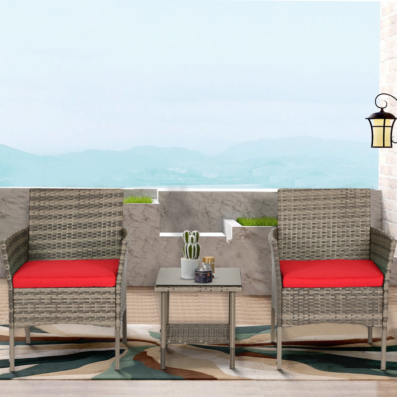 Ensemble de 3 meubles de patio Ensemble de bistro en osier Ensemble de conversation d'extérieur résistant aux intempéries avec coussin 2 chaises en rotin et table basse à dessus en verre pour bar