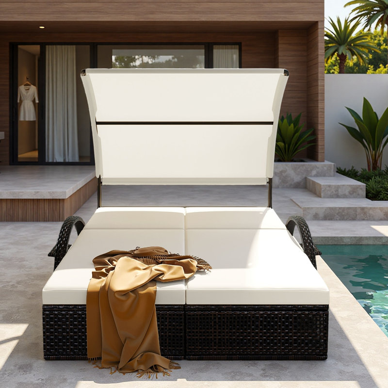 Outdoor Steel Frame Sun Lounger With Curved Sun Canopy, Adjustable Backrest, Hidden Side Table And Arched Armrests, Beige