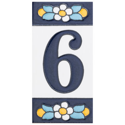 Sevillano 2.13" x 4.38" Ceramic Floral Address Number Wall Tile in White/Blue
