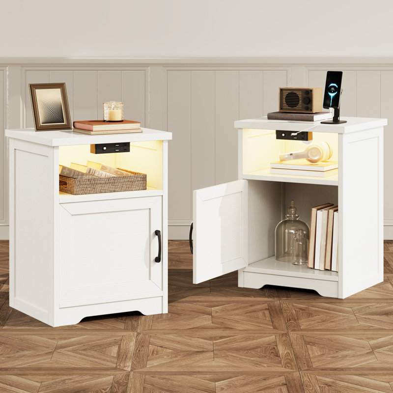 Farmhouse Nightstands With Large Open Shelf, Bedside Table With Enclosed Cabinet,tall Side Table With Built-in Power Outlets& Led Lighting， Rustic End Side Table With Durable Wood Construction(set Of 2)