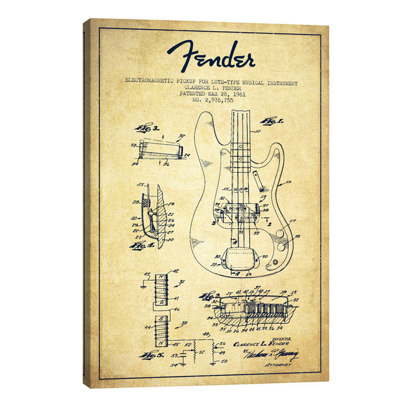 Guitar Vintage Patent Blueprint by Guitar - Wrapped Canvas Print, 20.32 cm H x 30.48 cm W