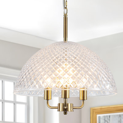 Lustre en laiton 3 lumières 16 "avec abat-jour dôme en verre texturé pour la salle à manger, la cuisine ou l'espace de vie