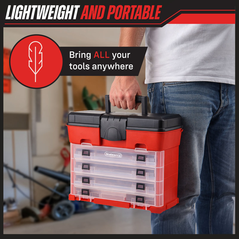 Boîte de rangement pour outils Stalwart - Organisateur de petites pièces avec 4 plateaux à compartiments multiples, rouge