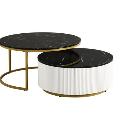 Modern Coffee Table With Nesting Option And Drawer In Black & Gold Hue Elegant Decor