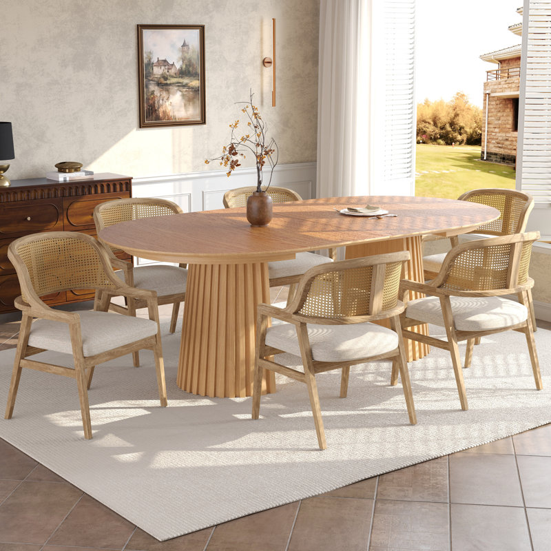 Westcott 7-Piece Mid-Century Modern Extendable Dining Table Set With Rattan Cane Back Chairs, Natural, Natural/Beige