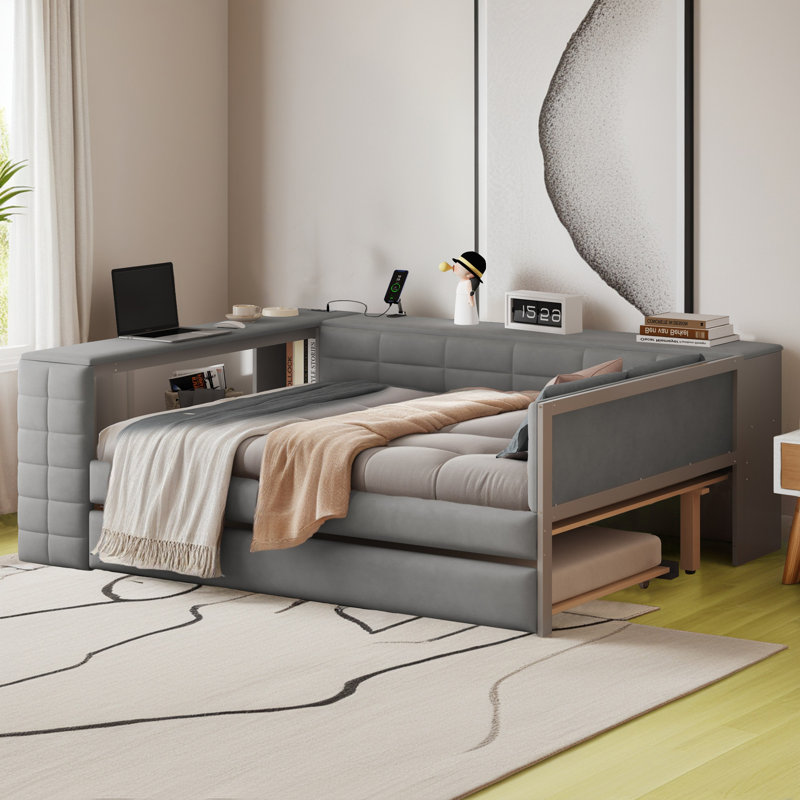 Upholstered Platform Bed With Trundle, Integrated Desk And Storage Shelve, Gray