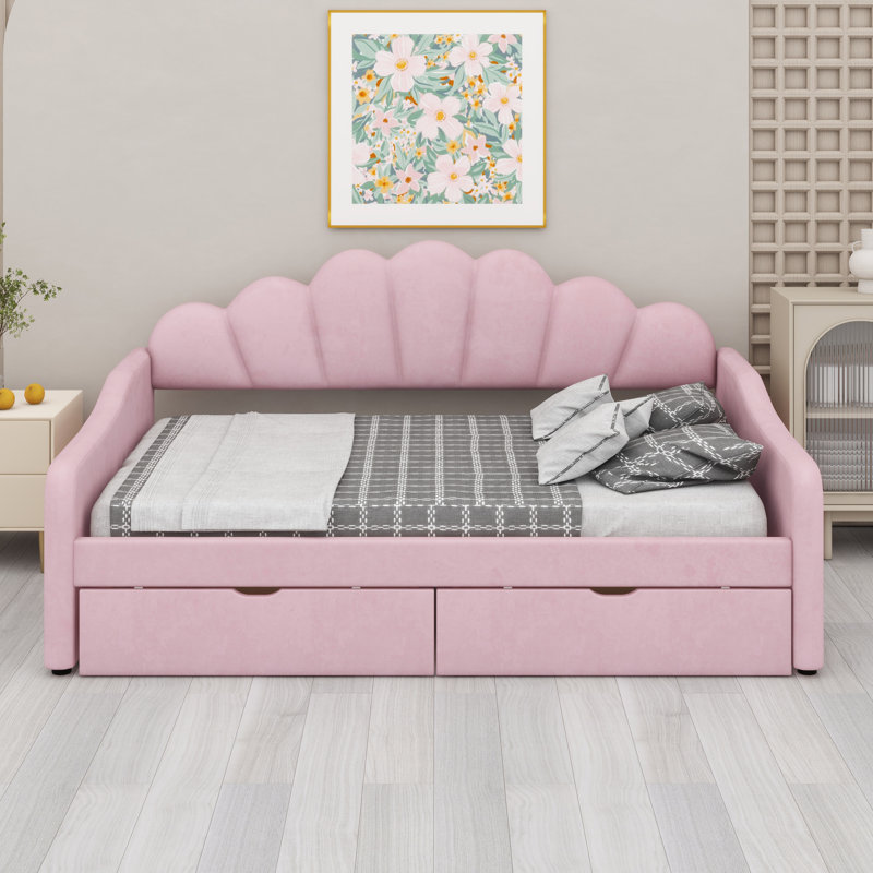 Upholstered Daybed With Elegant Shell-Shaped Backrest & Built-In Storage Drawers, Pink