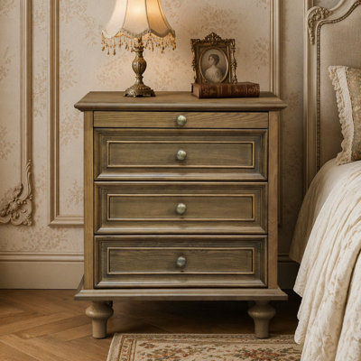 Tables de chevet Farmhouse avec 4 tiroirs, table de bout avec rangement en bois et tablette coulissante dissimulée, grande table d'appoint avec 4 pieds en bois massif et poignée en métal, assemblage facile