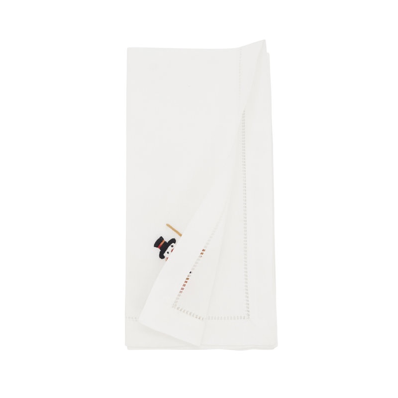 White Cotton Embroidered Snowman Winter Napkins, Set of 6