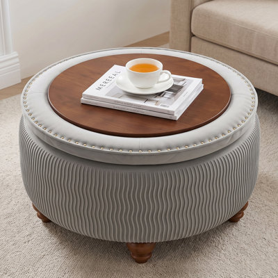  28''Wide Upholstery Tufted Round Storage Ottoman with Dark Walnut Legs for Living Room, Bedroom & Home Décor