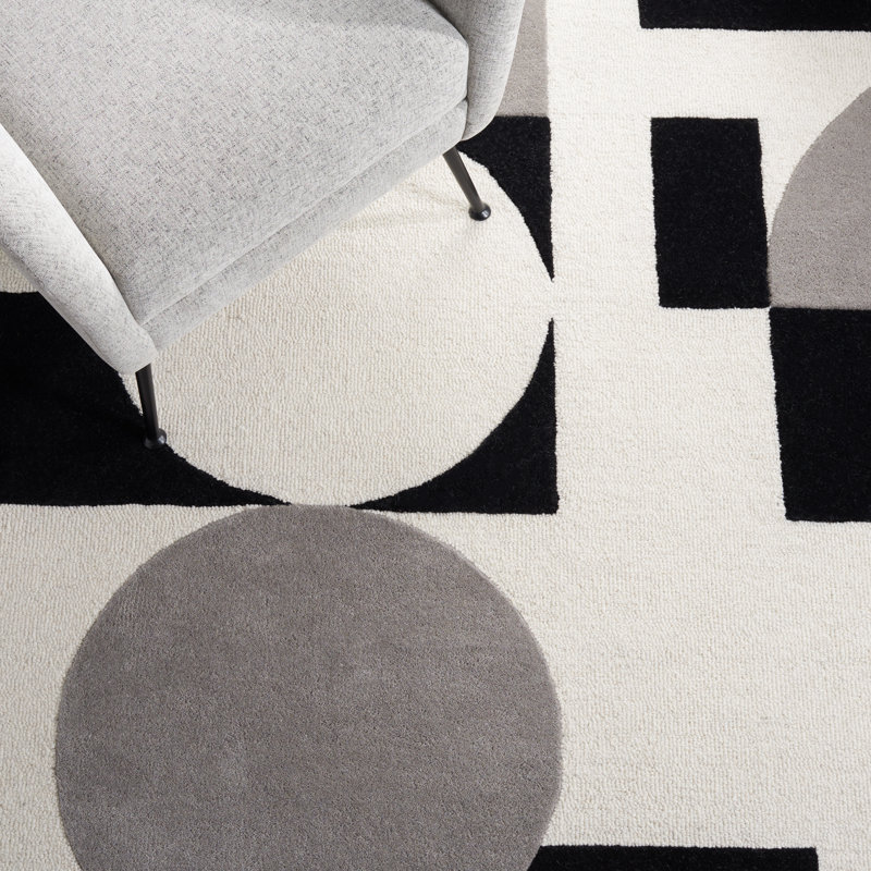 Tapis gris / noir / blanc en laine fabriqué à la main Felipe, Rectangle 9 pi x 12 pi