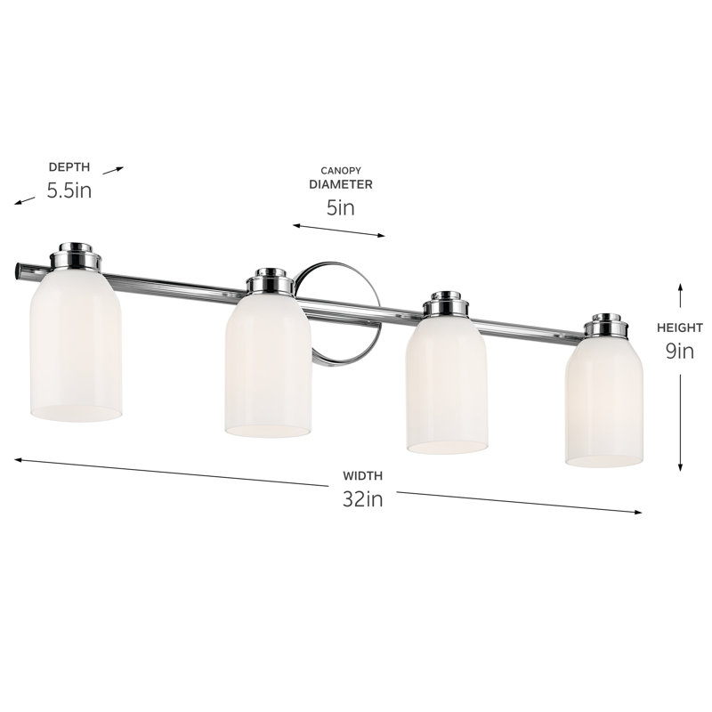 Éclairage pour salle de bain 4 lumières 31 po avec verre opale blanc 31 po, Chrome chrome