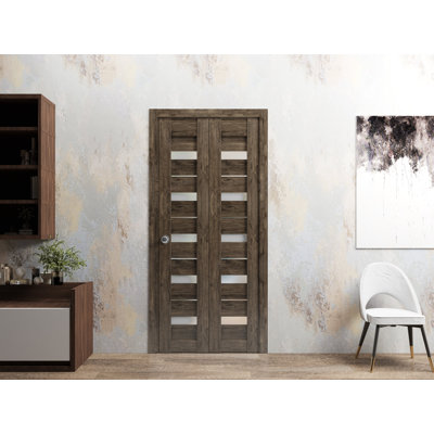 Portes coulissantes pliantes pour garde-robe | Chêne gris clair avec verre givré Quadro 4445 | Ensemble de quincaillerie de moulures robustes à moulures | Portes de garde-robe de chambre en bois massif