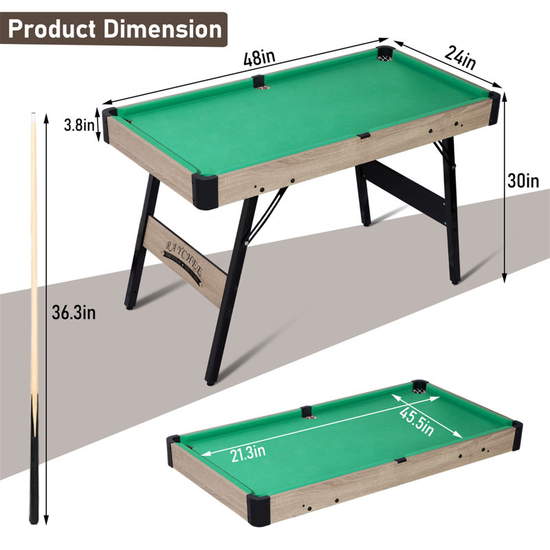 Portable Pool Table 48" Portable Pool Table, Foldable Billiard Table with 2 Cue Sticks, Balls, Triangle, Chalk, Brush, Green
