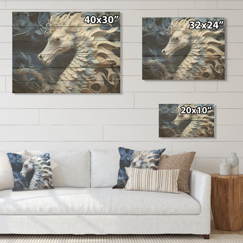 Underwater Seahorse Elegance - Seahorse Wood Art On Natural Pine Wood, 10" H x 20" W