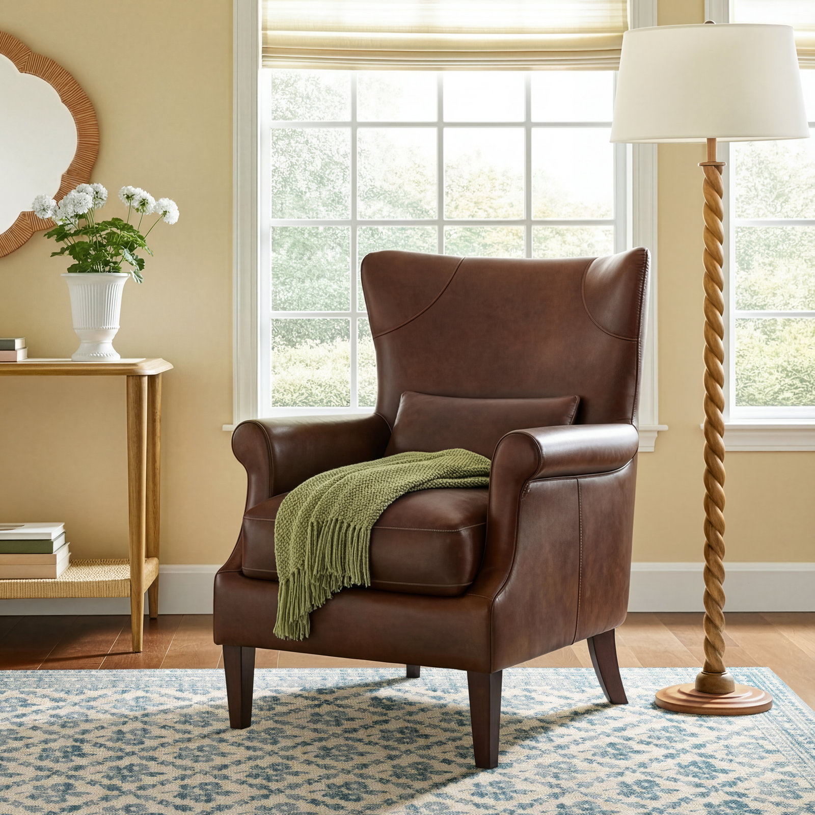Emerald Genuine Leather Wingback Chair, Vintage Tobacco Top Grain Leather