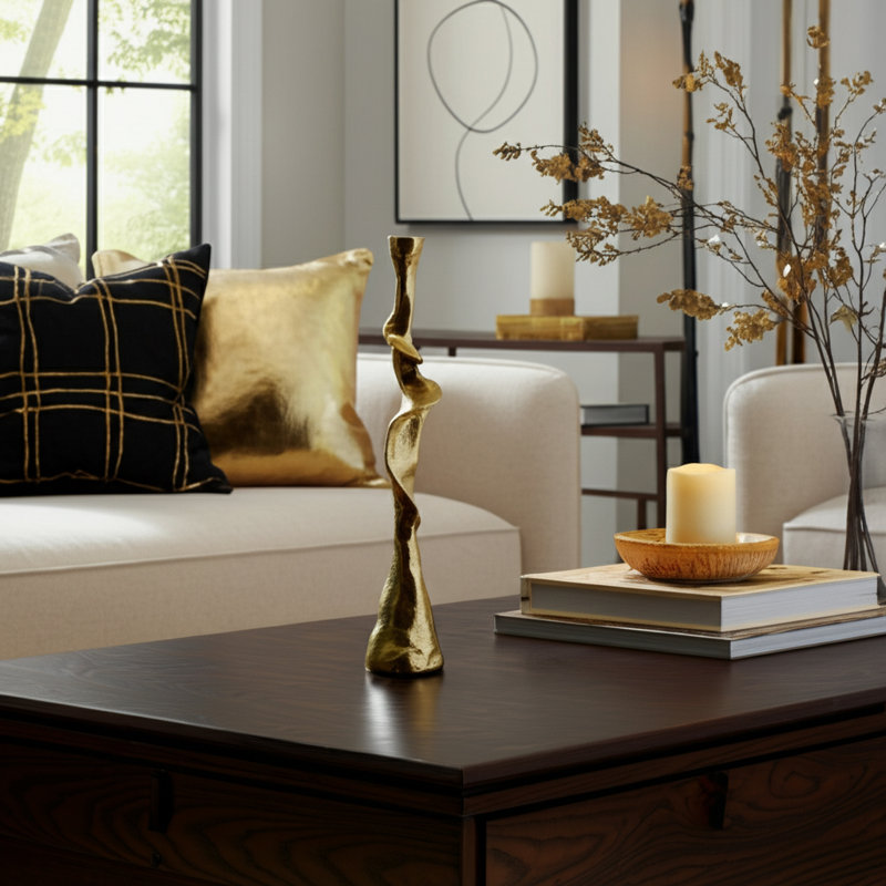 Modern Aluminum and Suar Wood Taper Holder with Abstract Sculptural Form and Mixed Metal Design for Contemporary Decorative Accents