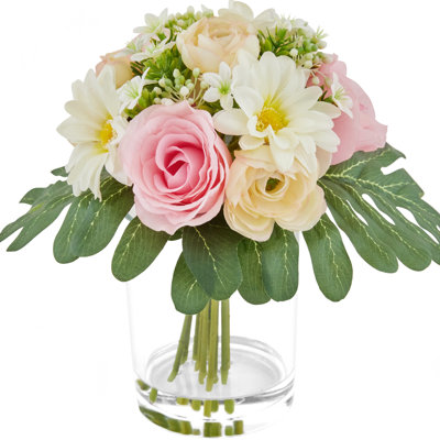 Mixed Faux Silk Flowers and Plants in Vase