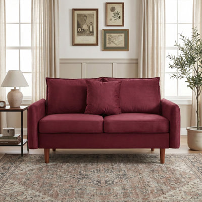  56" Wide Velvet Round Arm Loveseat, Featuring Side Storage Pockets and a Small Square Throw Pillow
