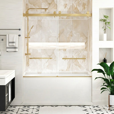 56" - 60" W x 58'' H Double Sliding Frameless Tub Door, 1/4" Clear Tempered Glass with Quiet Rollers, SGCC Certified