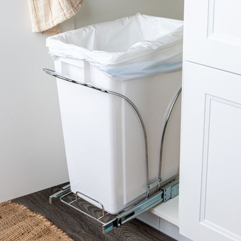 White Plastic Pull-Out Trash Can with Chrome Base