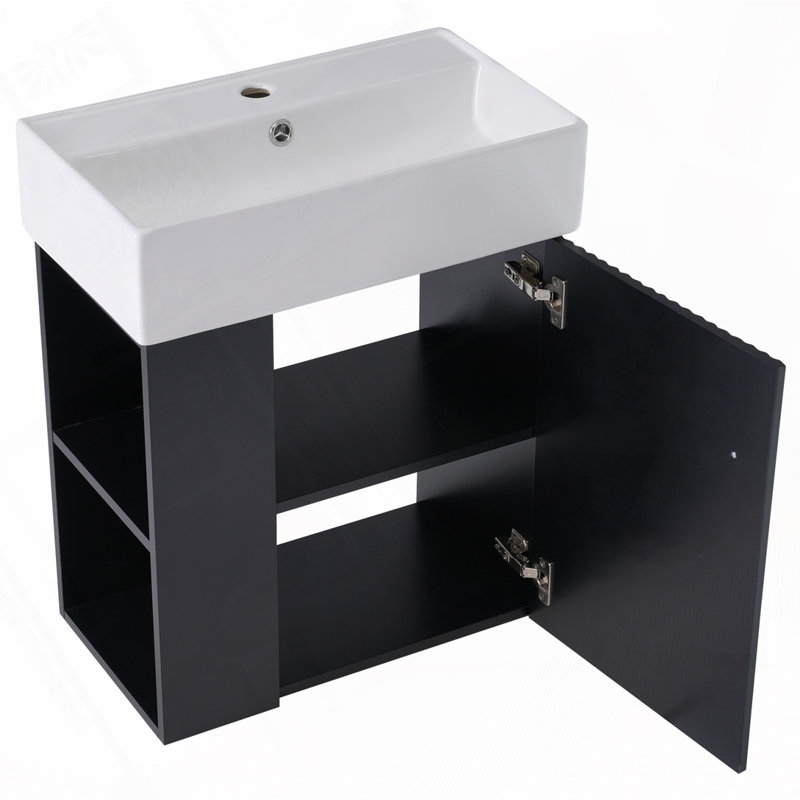 Meuble-lavabo flottant avec lavabo en céramique, Noir, Doré