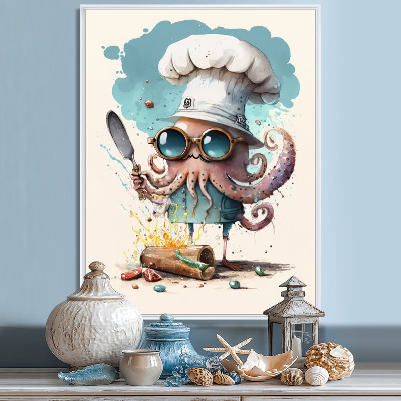 Pieuvre dans la cuisine - reproduction sur toile, H 40 po x l 30 po, Cadre flottant blanc