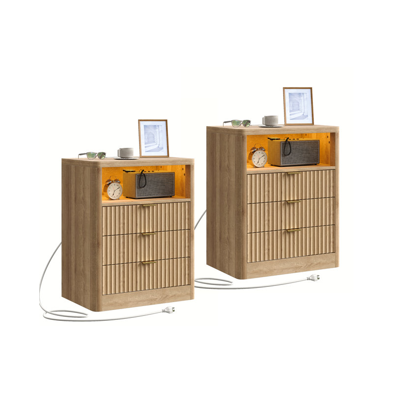 Fluted Night Stand With LED Light & Charging Station, Nightstand With 3 Storage Drawers, 23” Wide Top, Modern Farmhouse Bedside Table For Bedroom, Living Room, Closet(Set Of 2)