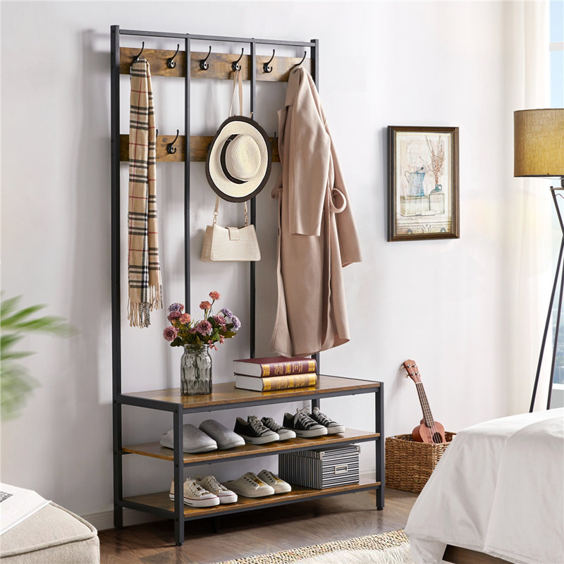 Hall Tree 100cm Wide with Bench and Shoe Storage, Rustic Brown