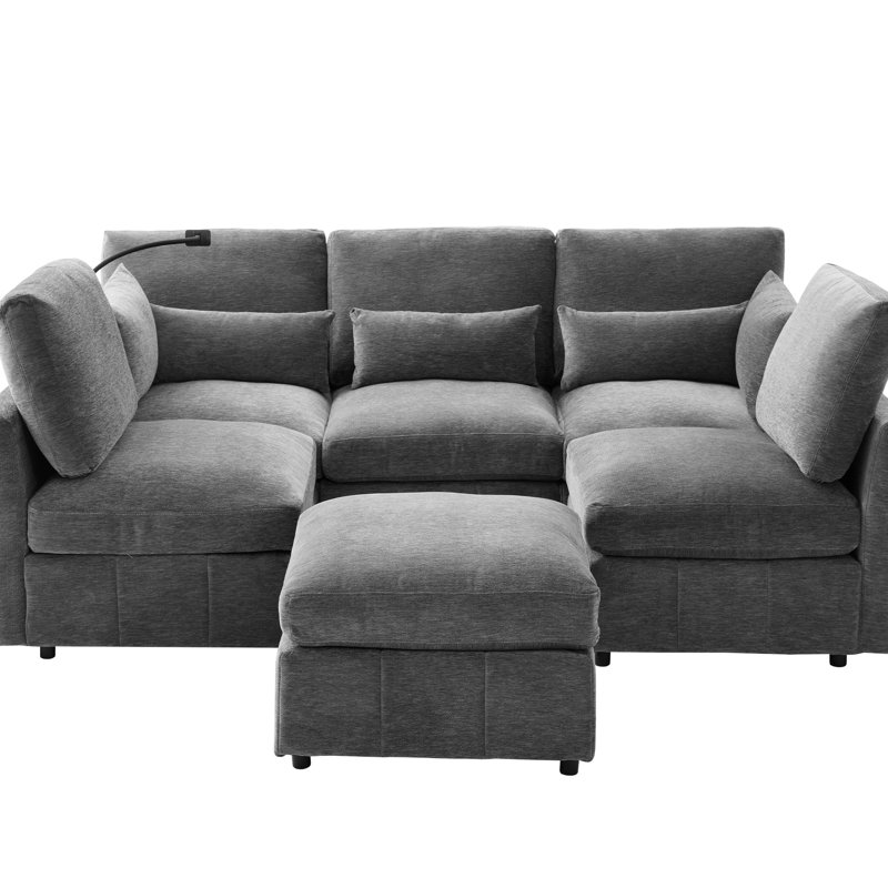 L-Shaped, Sectional , Living Room, Movable , Ports, Phone Holder, Chenille Upholstery, Grey Grey, Modular, Bed, Reconfigurable Charging, Lumbar Pillows, Easy To Assemble