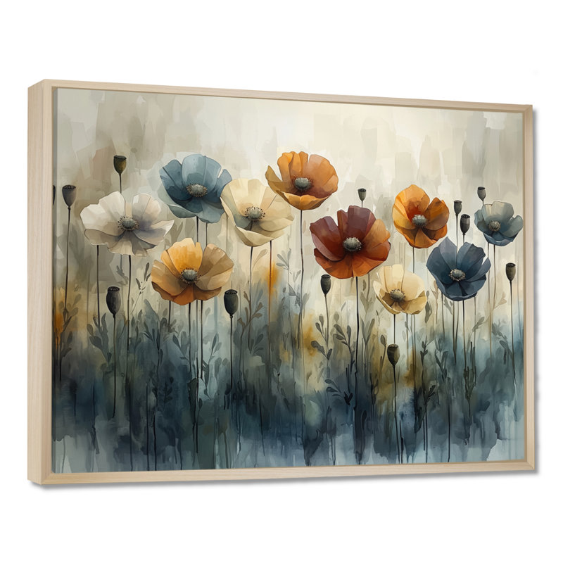 Hiver, minimalisme, coquelicots, champ I - coquelicots, art mural, Cadre crème crème, H 24 po x l 32 po
