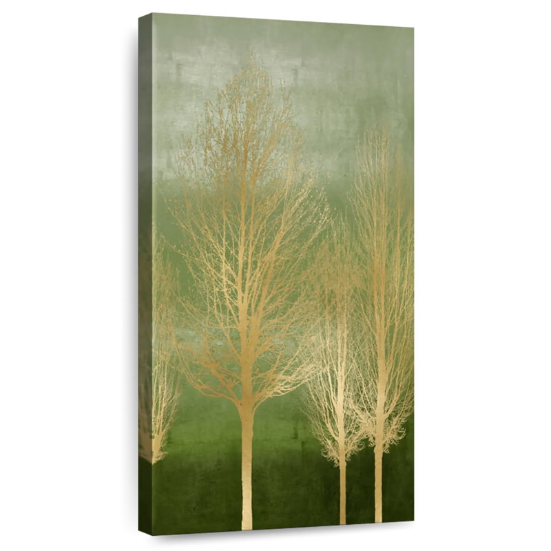 Arbres dorés sur panneau vert I, H 24 po x l 12 po
