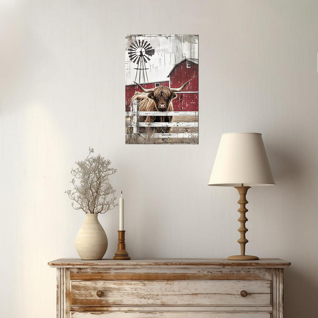 Highland Cow Wall Art Rustic Farmhouse Canvas Prints Cow with White Fence Red Barn and Windmill Wall Decor Countryside Landscape Painting for Living R
