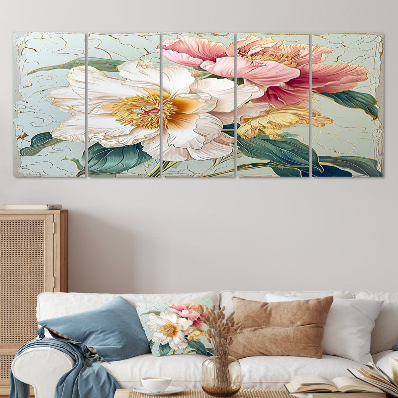 Kandiyohi - pivoine, art mural 5 pièces, H 32 po x l 80 po