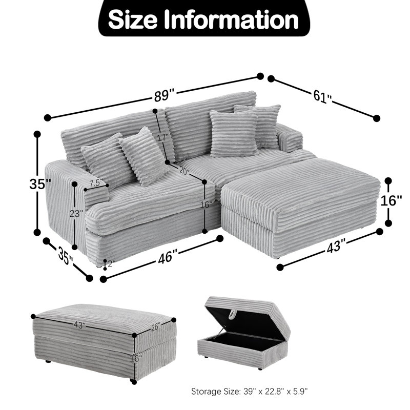 89" Modern 3 Seat Sofa Upholstered Corduroy Couch With Throw Pillows And Ottoman Suitable For Living Room, Bedroom, Office