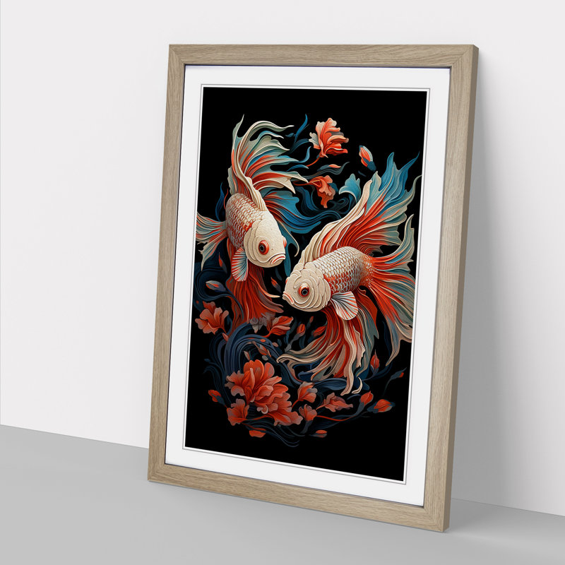 Siamese Fighting Fish No.3 - Single Picture Frame Print on Wood, Oak Framed, 46cm H x 34cm W