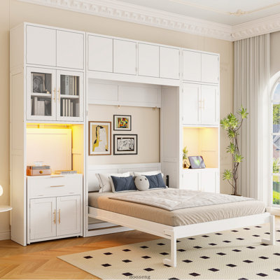 Full Murphy Bed with Storage Cabinets, Desk, Glass-Door Hutch, USB, Power Outlet and LED Lighted Shelves, White