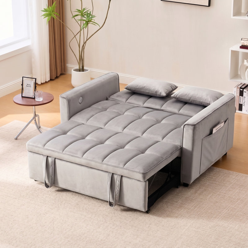 3 In 1 Convertible Sleeper Sofa Bed, Pull Out Couch For Living Room With Side Pocket, Loveseat Sleeper With Adjustable Backrest