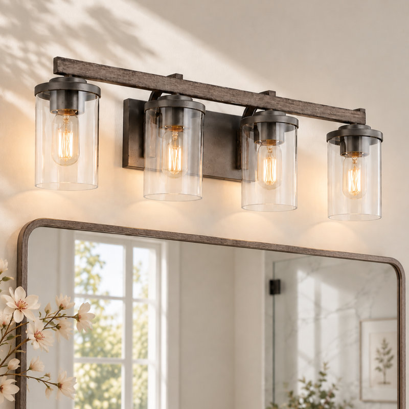 Éclairage pour meuble-lavabo de campagne moderne à 4 lumières à intensité variable Ifill, Argent foncé rustique et faux bois