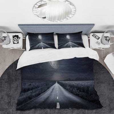 Asphalt Road Under Cloudy Full Moon III - Nautical & Coastal Duvet Cover Set - Microfiber Polyester