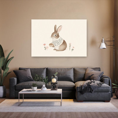 Cozy Easter Bunny Whimsical Contemporary Rabbit Spring Flower Wall Art Print 1 Piece Wrapped Canvas Wall Art