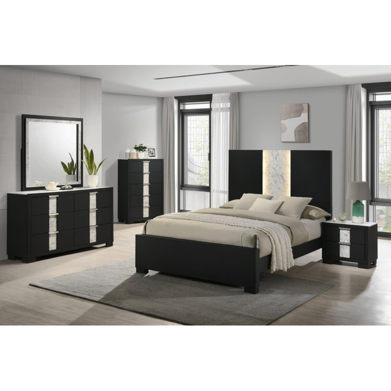 Commode 1 pièce 6 tiroirs boutons en métal finition noire meubles en bois, Noir, noir, noir, noir