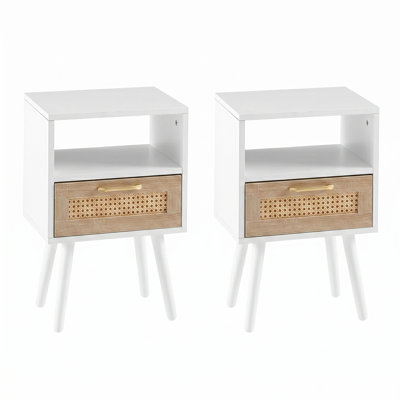 Meshoppen 15 Inch Boho Rattan Side Table With Drawer（Set Of 2）