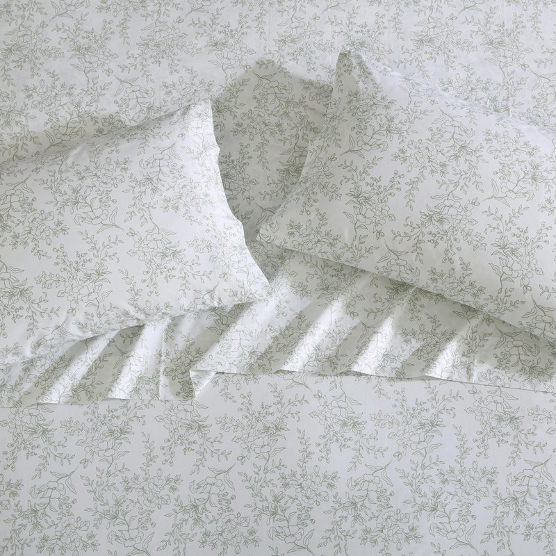 Queen White Cotton Percale Floral Deep Pocket Sheet Set