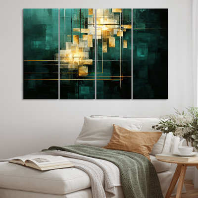 «Celebration of Possiblity Retro Gold Dark Teal IV», reproduction sur toile tendue 4 pièces